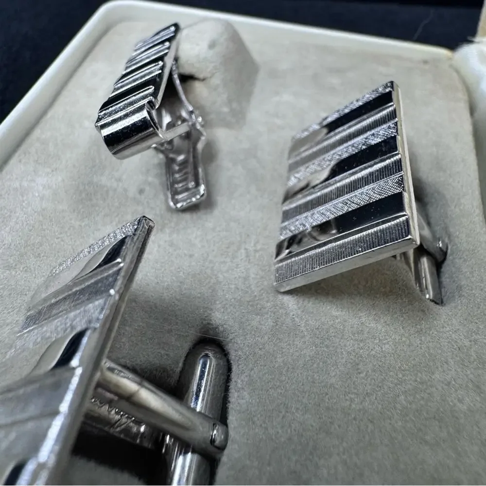 Vintage 60's Silver Tone Bar Anson Cufflinks and Tie Clip Set in Original Box